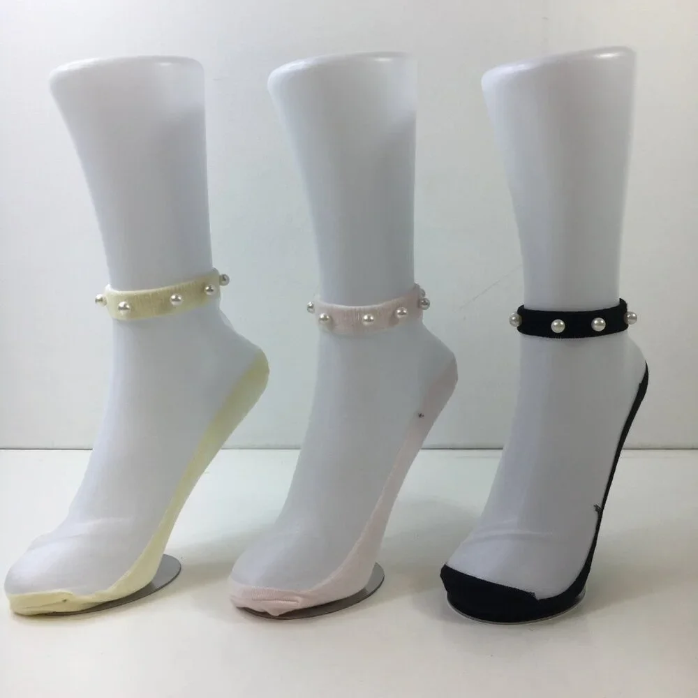 Womens Sheer Mesh Pearl Trimmed Ankle Socks 3 Pack Yellow Pink Black